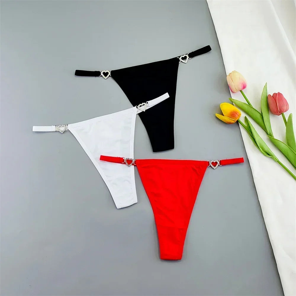 3Pcs Women's Seamless Ice Silk Thong Set - Low Waist Thin Strap G-String Panties with Rhinestone Buckle
