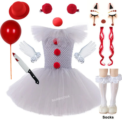 Girls' Pennywise Halloween Costume Dress Set - Creepy Clown Tutu Outfit for Kids