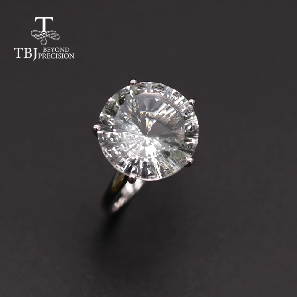 14K White Gold Natural White Quartz Gemstone Ring - 15mm Round Cut Solitaire