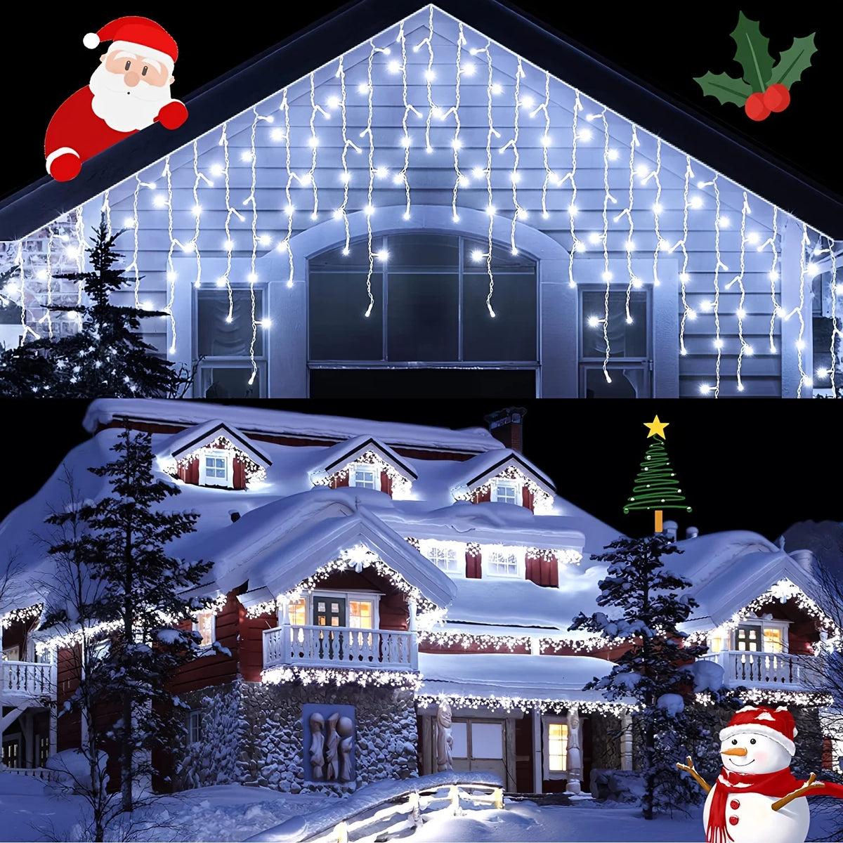 Outdoor Waterproof LED Icicle Curtain Lights - 8 Lighting Modes Christmas & Holiday Solar String Lights