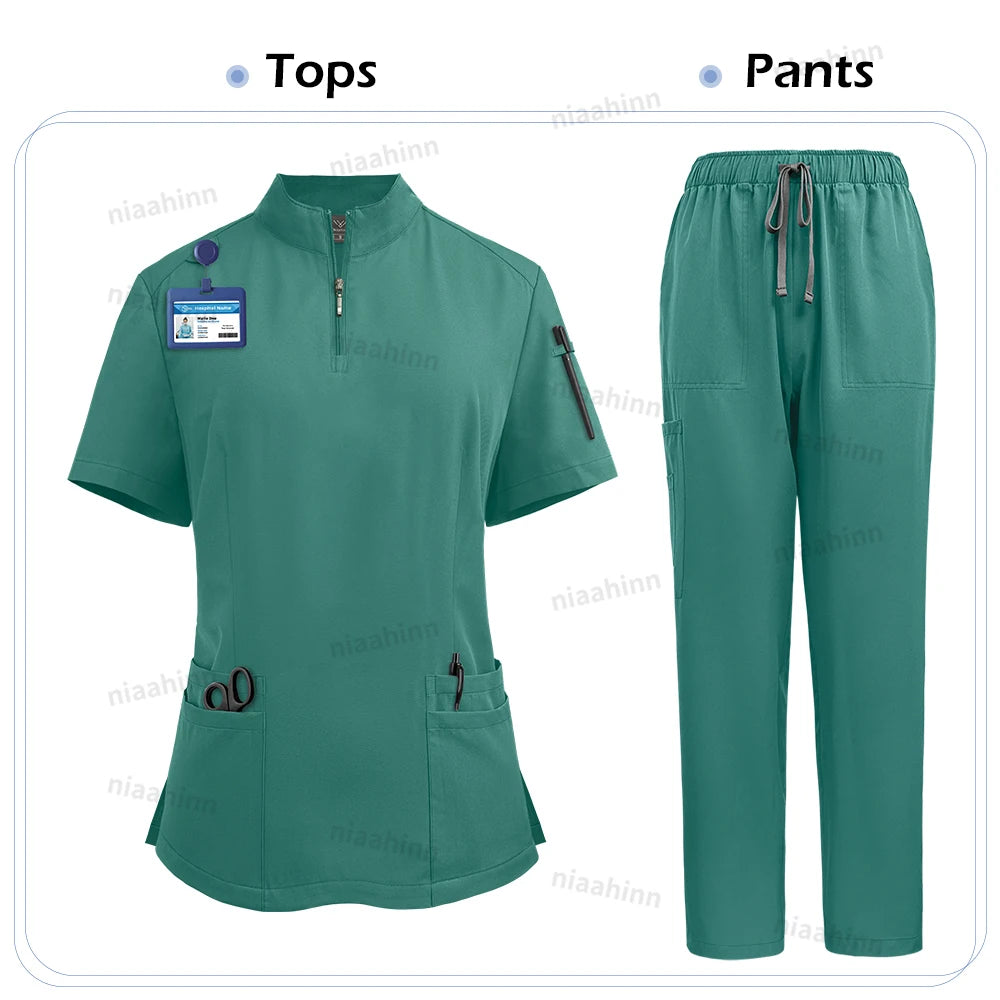 NiaaHinn Women's Stretch V-Neck Scrub Top & Cargo Pants Set