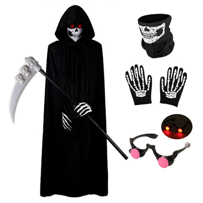 Kids' Grim Reaper Costume – Red-Eyed Hooded Robe with Glowing Glasses & Scythe Set