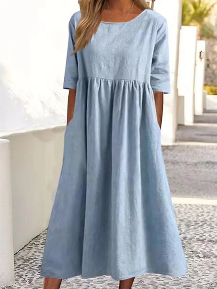Women's Casual Linen Blend Loose Fit Midi Dress with Pockets