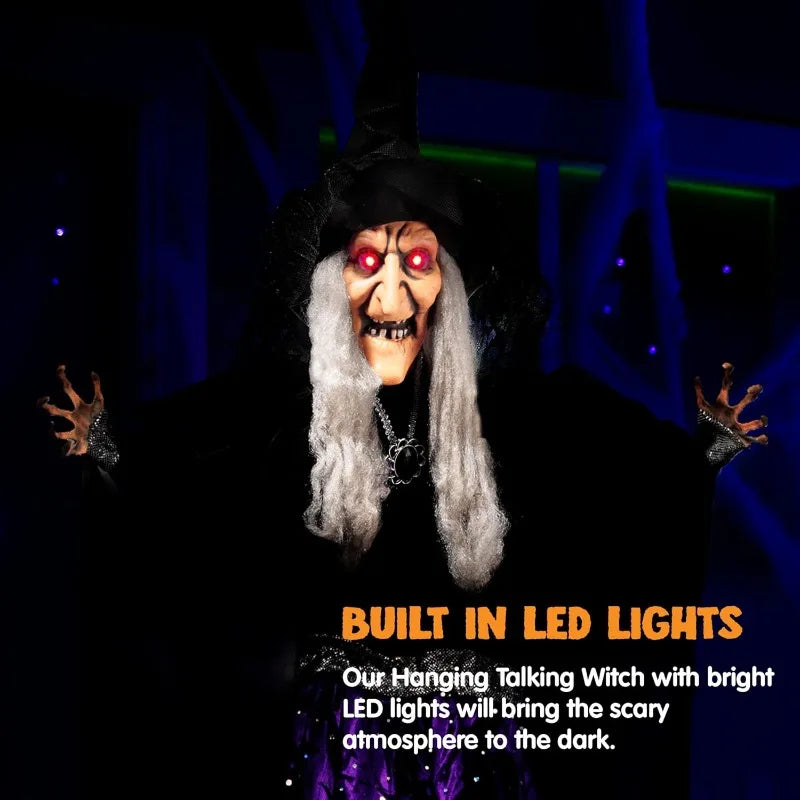 47" Animated Hanging Witch Halloween Prop with Sound Activation & LED Eyes