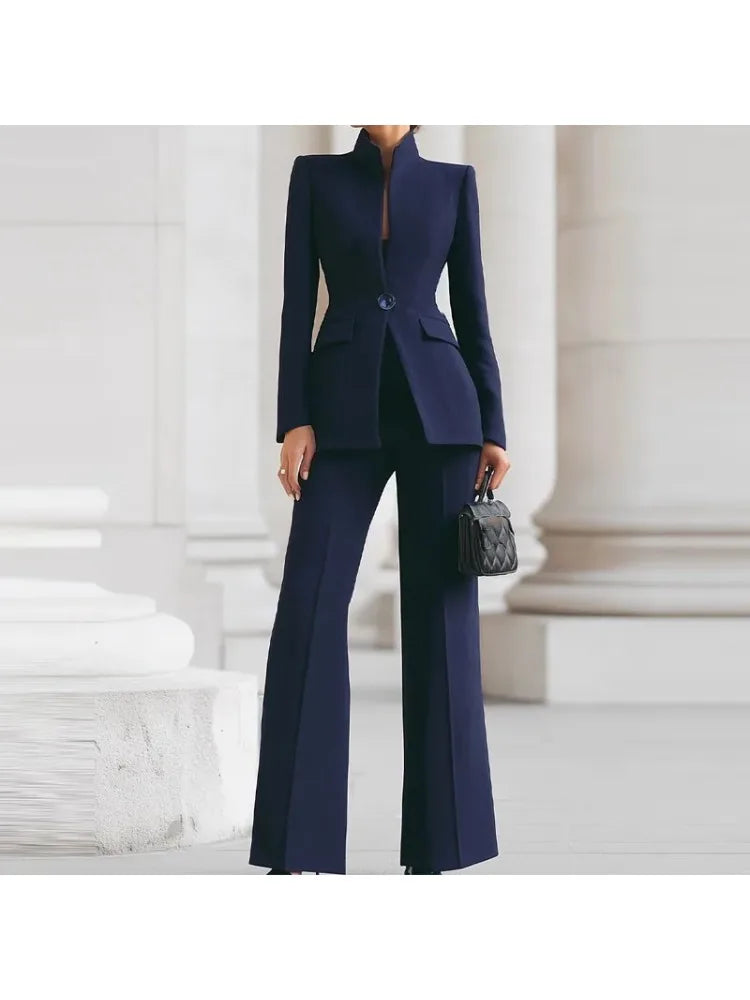 Women's 2-Piece V-Neck Single-Button Blazer & Wide-Leg Pants Suit Set