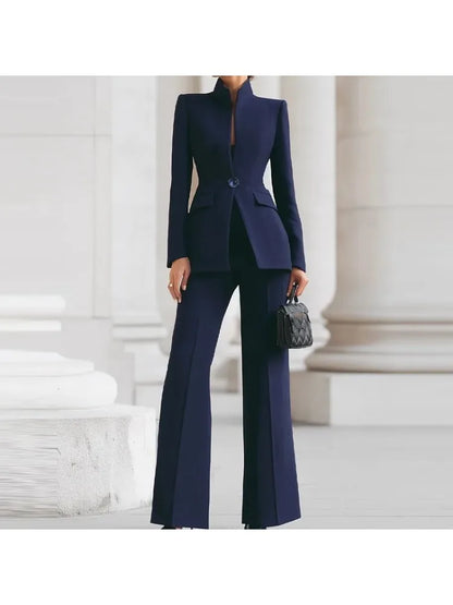 Women's 2-Piece V-Neck Single-Button Blazer & Wide-Leg Pants Suit Set