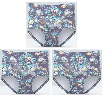 3-Pack Women's Floral Print High-Waisted Briefs - Plus Size Breathable Cotton Panties