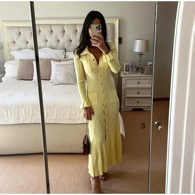 Women's Vintage Knitted Ruffle Single-Breasted Long Dress