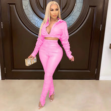 Faux Leather long Sleeve Crop Top and Pants Two Piece Set