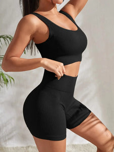 Seamless Ribbed 2Pces Crop Tank and High Waist Shorts