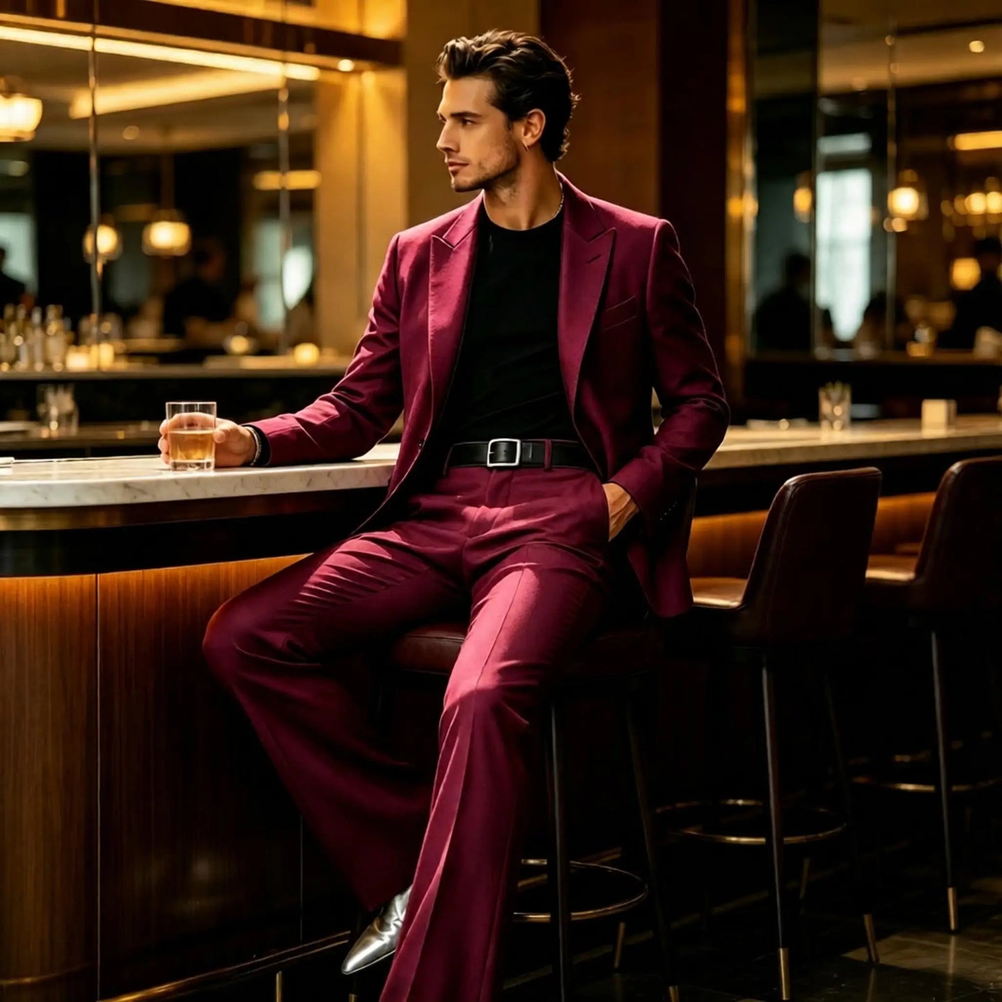 Men's Slim Fit Notched Lapel Blazer & Flared Pants 2-Piece Formal Suit Set
