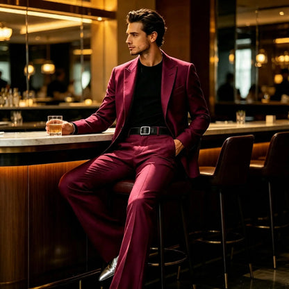 Men's Slim Fit Notched Lapel Blazer & Flared Pants 2-Piece Formal Suit Set