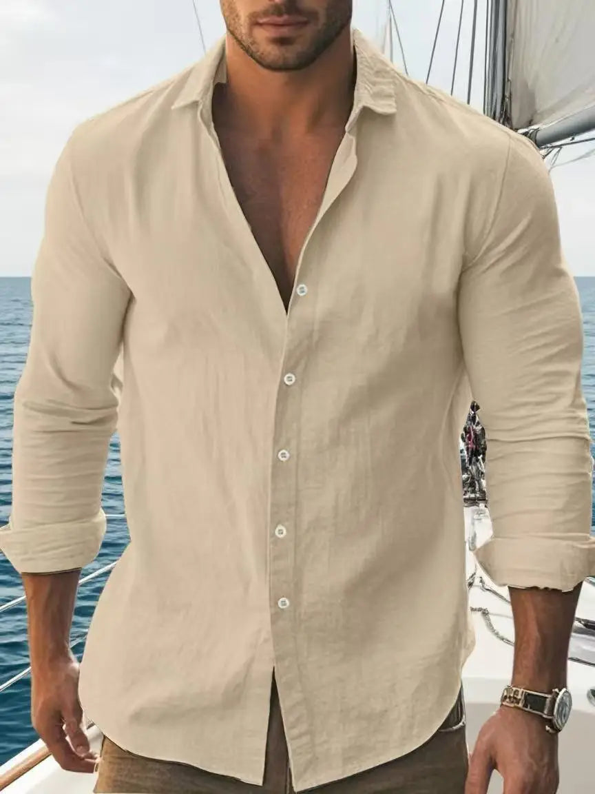 Men's Slim Fit Cotton Casual Long Sleeve Shirt - Lightweight Roll-Up Cuff Button Down