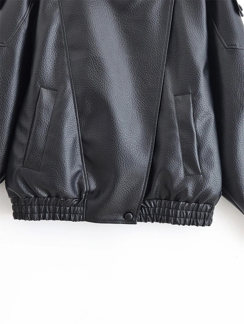 Women's Black Faux Leather Motorcycle Jacket – Long Sleeve Casual Coat
