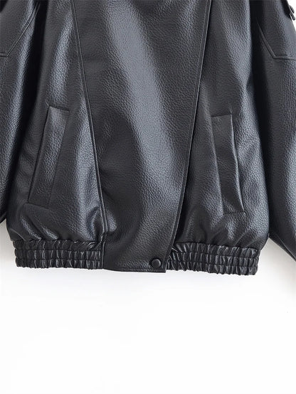 Women's Black Faux Leather Motorcycle Jacket – Long Sleeve Casual Coat