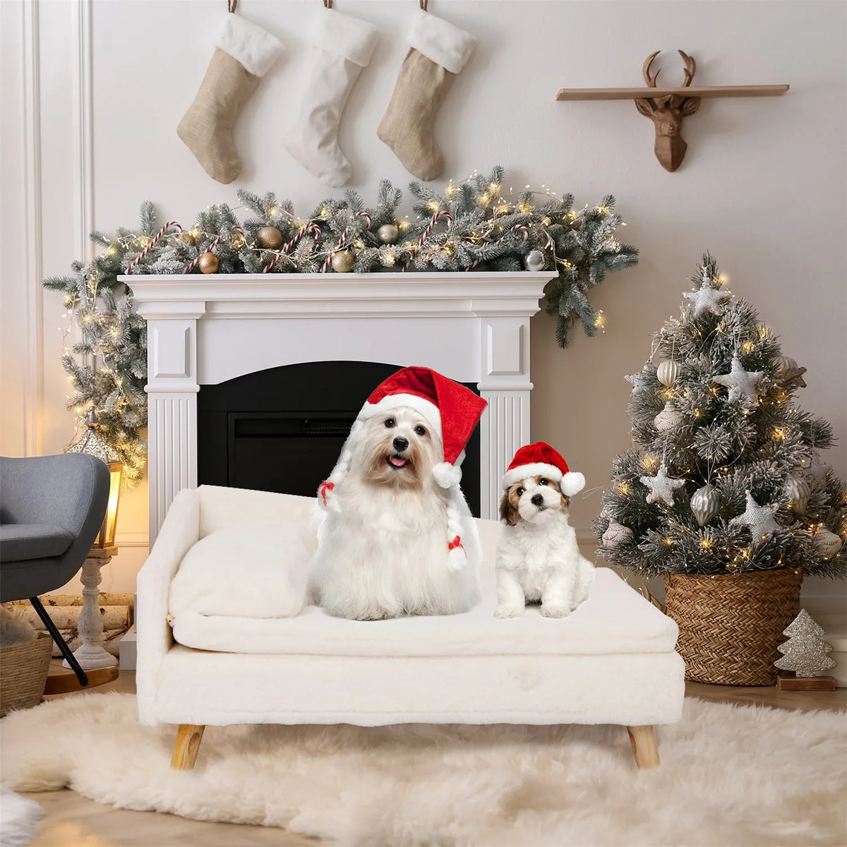 Modern Nordic Wood Frame Pet Sofa Bed – Waterproof L-Shape Couch for Small Dogs & Cats