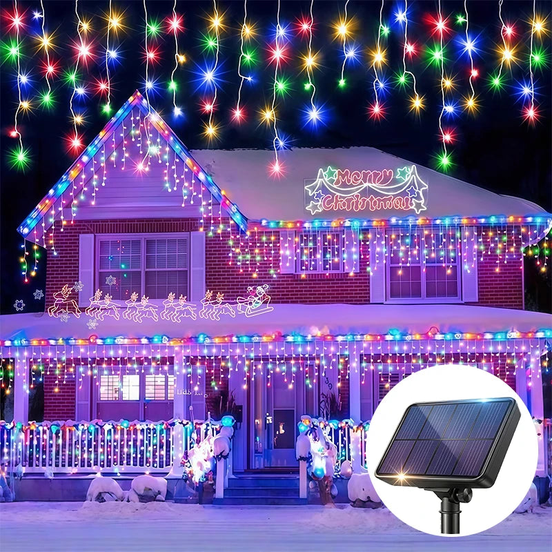 Solar Powered Icicle Lights Outdoor Christmas Decoration LED Garland - IP54 Waterproof 8 Modes Fairy Light