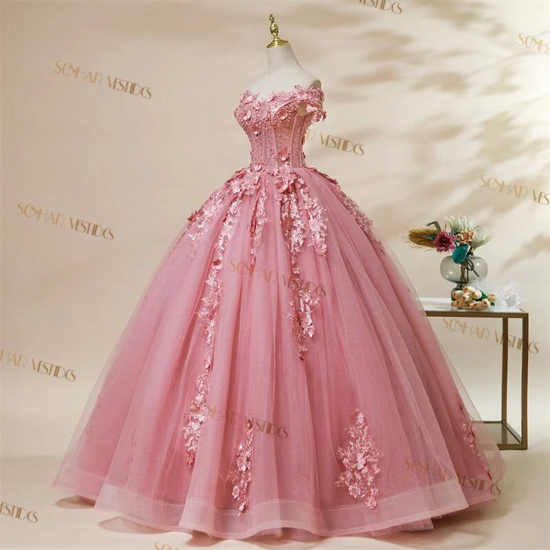 Off-The-Shoulder Floral Applique Quinceañera Ball Gown