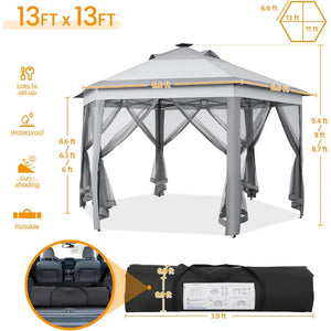 13×13 Pop-Up Patio Gazebo Tent W/Mesh Netting Sides & 25 Solar LED Lights