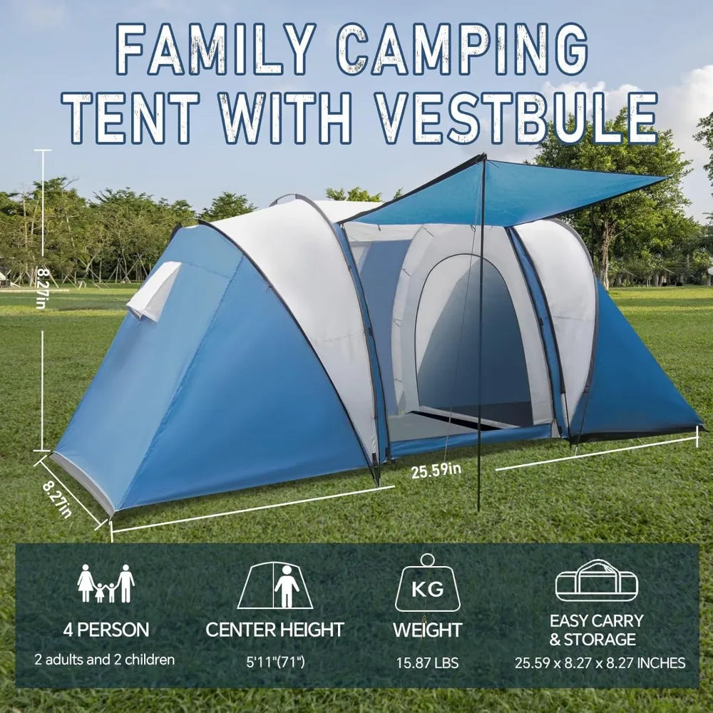 Family-Sized Weatherproof Camping Tent with Porch and Rainfly 2-Room Easy Setup