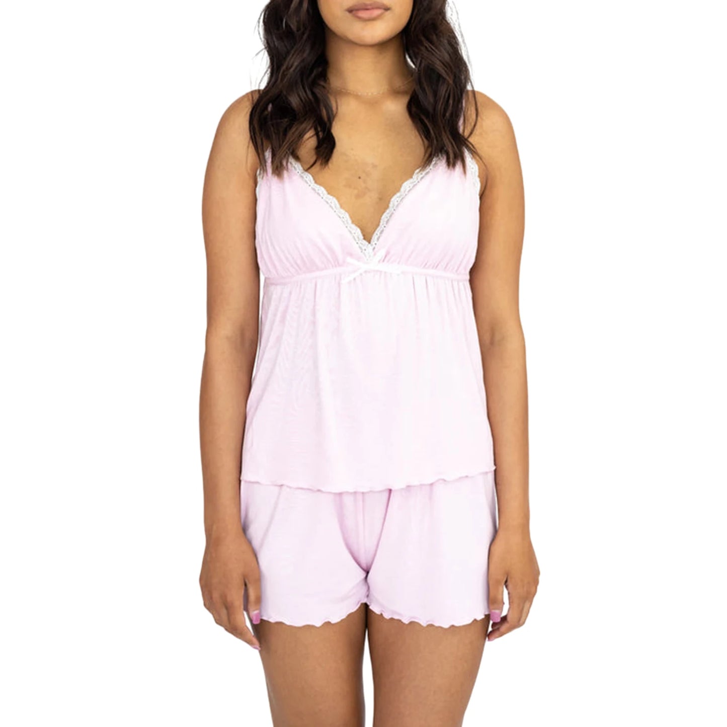 Casual Two Piece Sleeveless V Neck Lace Trim Cami Tank Tops and Shorts Set