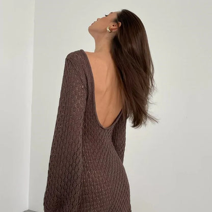Women's Deep V-Neck Backless Knit Beach Cover-Up Dress