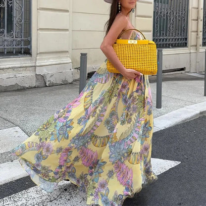 Women's Floral Print Chiffon Backless Cami Maxi Beach Dress