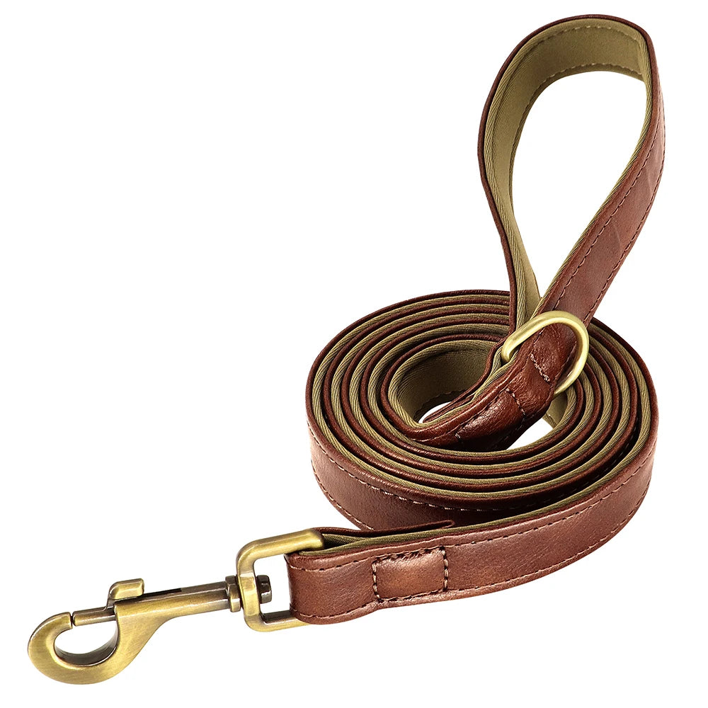Leather Dog Collar Leash Set Soft Padded