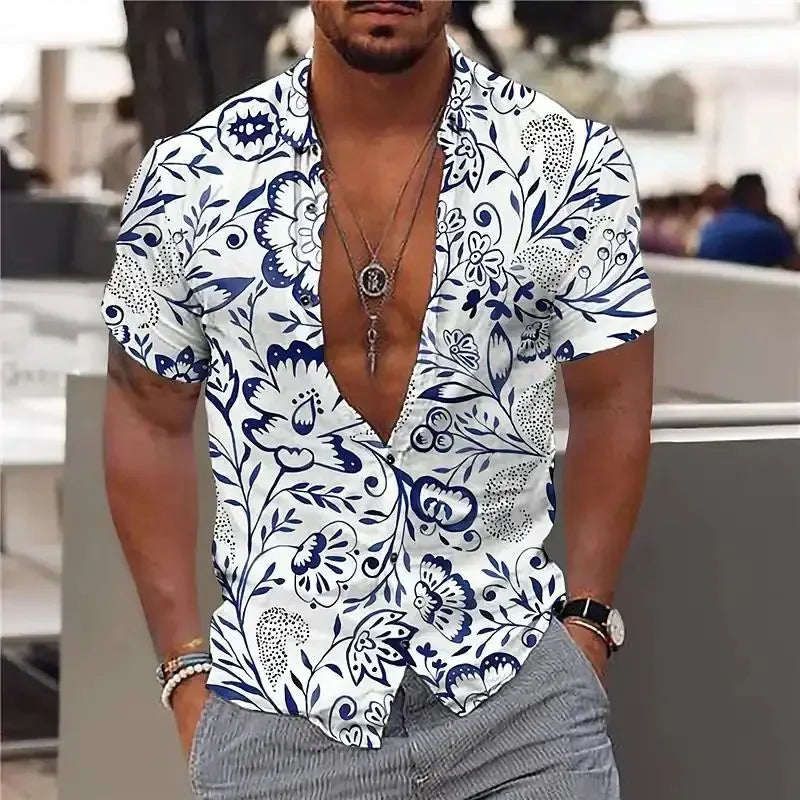 3D Plant Print Quick-Dry Short Sleeve Shirt