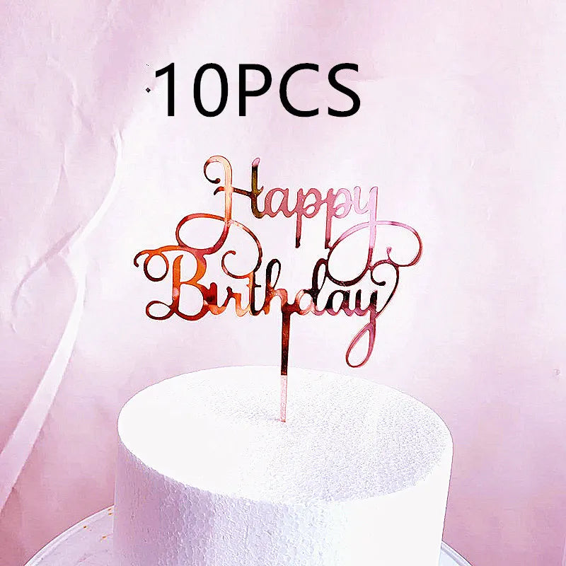 10Pcs Rose Gold Happy Birthday Cake Topper