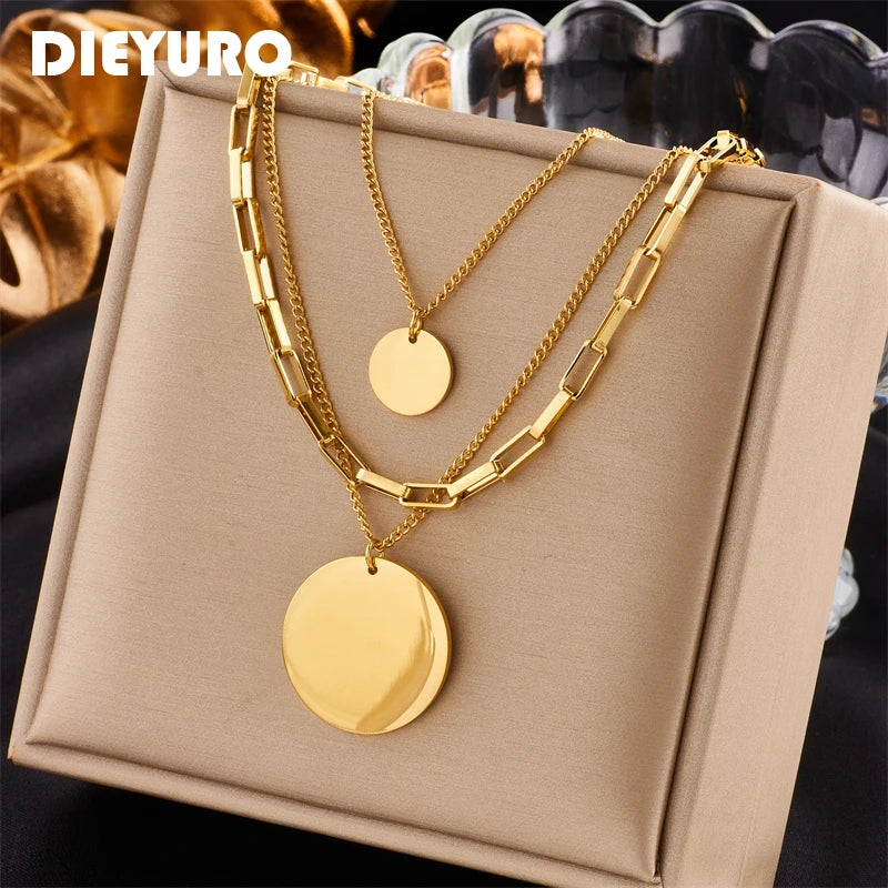 316L Stainless Steel Gold Color 3in1 Round Pendant Necklace