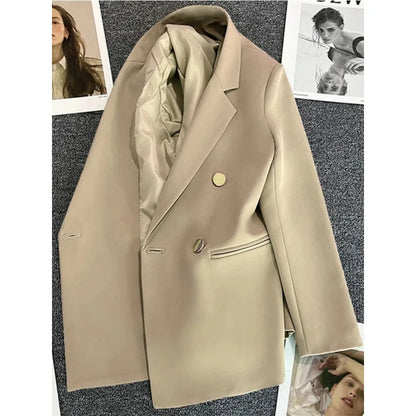 Women's Elegant Double-Breasted Blazer Jacket - Spring Autumn Slim Fit Korean Style Outerwear