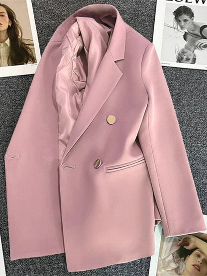 Women's Elegant Double-Breasted Blazer Jacket - Spring Autumn Slim Fit Korean Style Outerwear