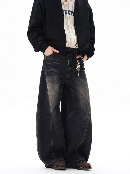 Washed Baggy Curved Blade Jeans