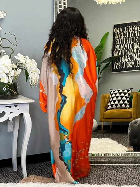 Long Floral Patterned Silky Open Front Swimwear Cover-Up