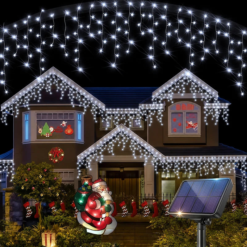 Solar Powered Icicle Lights Outdoor Christmas Decoration LED Garland - IP54 Waterproof 8 Modes Fairy Light