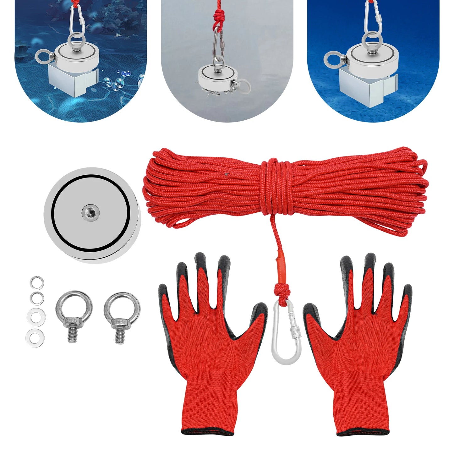 2000lbs Fishing Magnet Kit With 30m Rope & Gloves