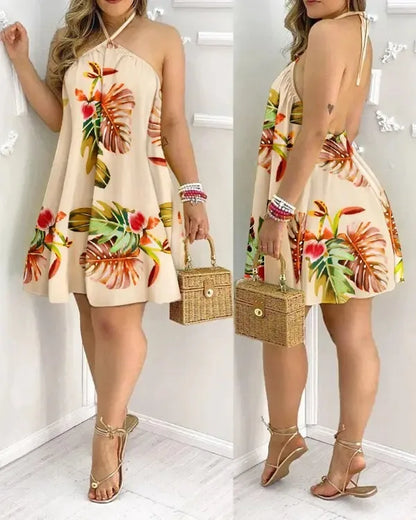 Women's Tropical Leaf Print Halter Neck Mini Dress – Sleeveless Backless Beach Sundress