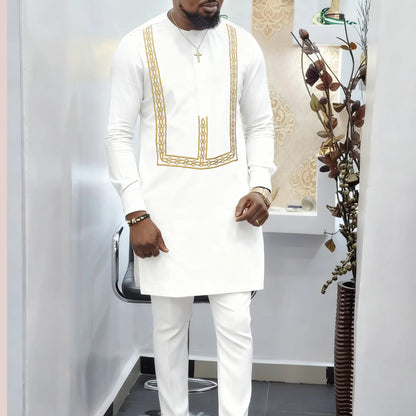 Men's Elegant Dashiki Embroidered Shirt & Full Pant Suit Set
