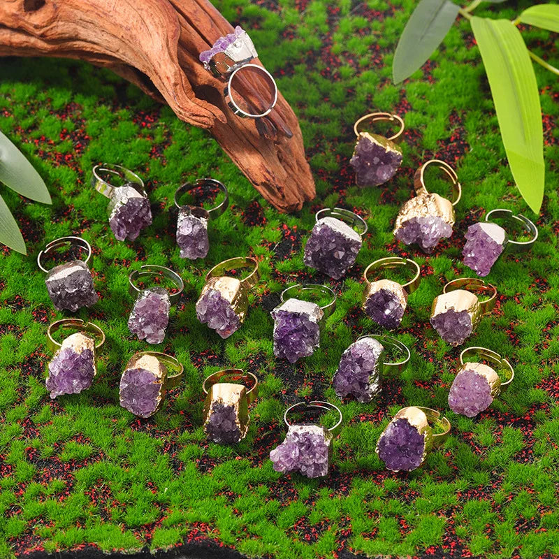 Natural Crystal Reiki Raw Irregular Amethyst Cluster Druzy Adjustable Finger Ring