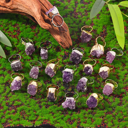 Natural Crystal Reiki Raw Irregular Amethyst Cluster Druzy Adjustable Finger Ring