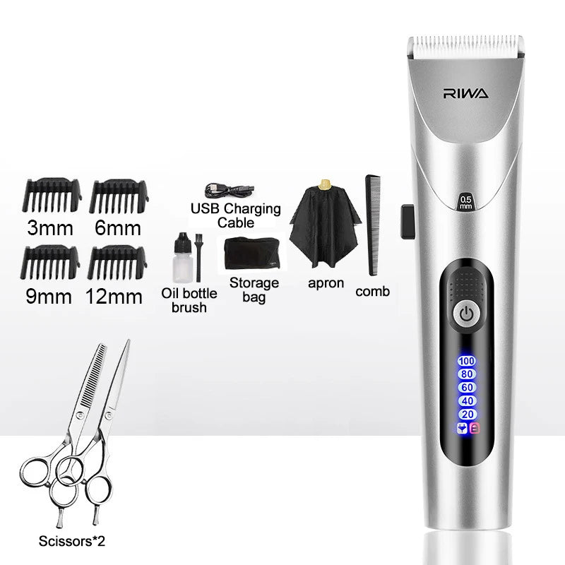 RIWA Professional Cordless Hair Clipper – USB Rechargeable LCD Grooming Kit