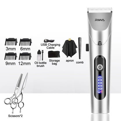 RIWA Professional Cordless Hair Clipper – USB Rechargeable LCD Grooming Kit