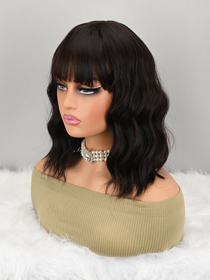 Women’s Natural Brown Short Wavy Bob Wig with Bangs