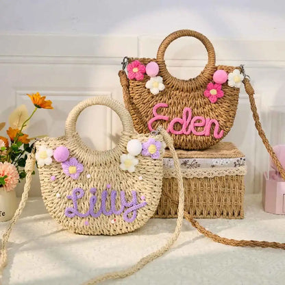 Personalized Hand-Woven Straw Tote Bag – Custom Embroidered Beach & Vacation Crossbody Bag