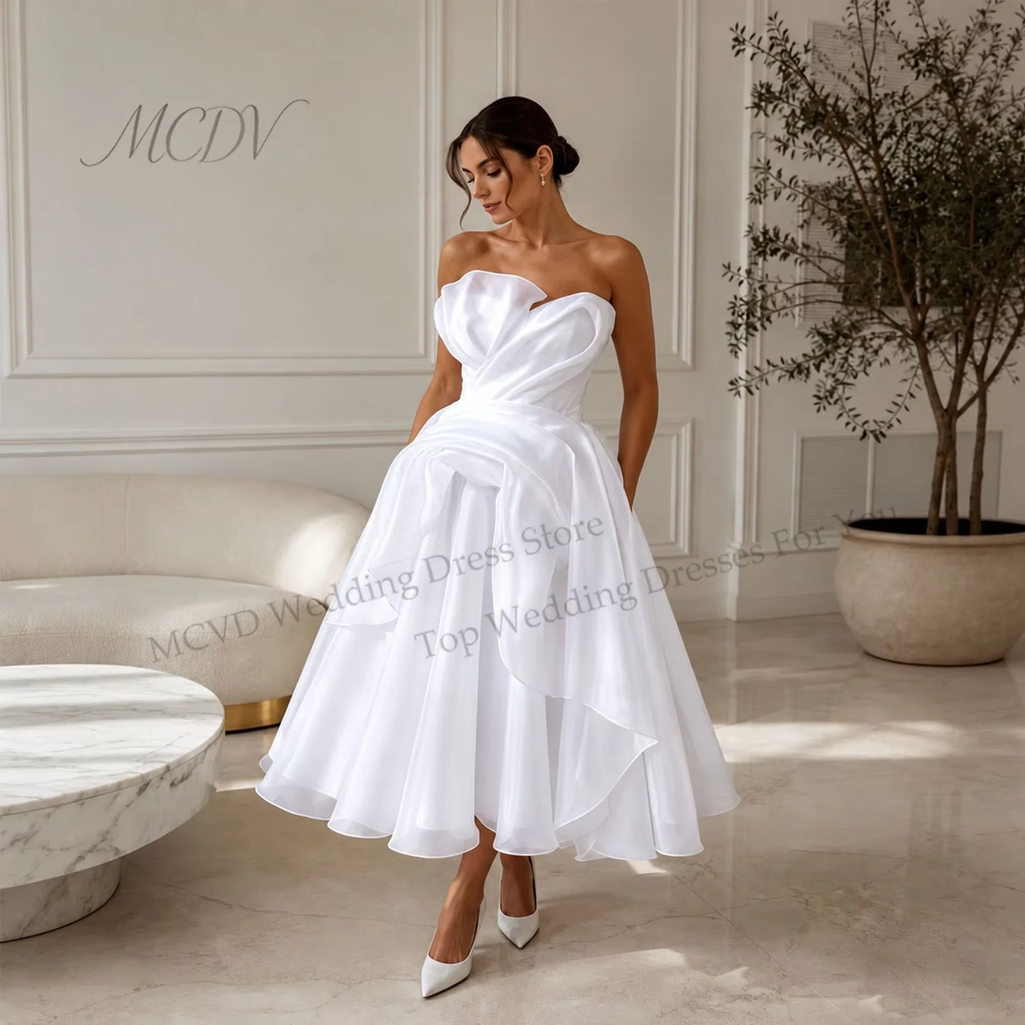 Elegant Strapless Organza A-Line Midi Wedding Dress – Civil Bridal Gown