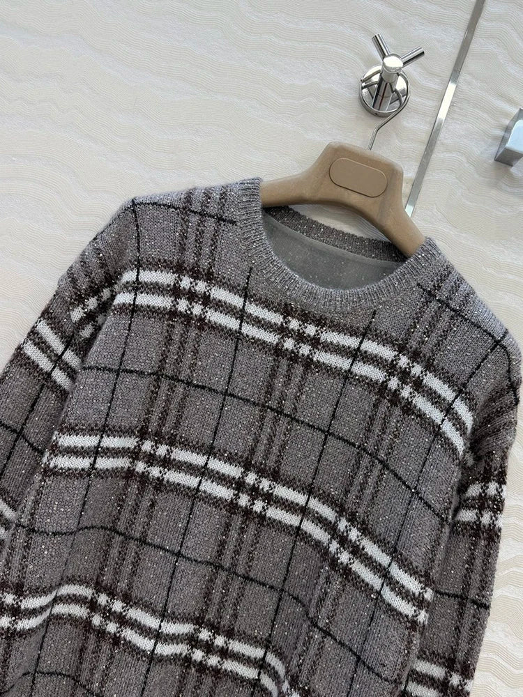 Women’s Vintage Plaid Knit 2-Piece Sweater & Long Skirt Set
