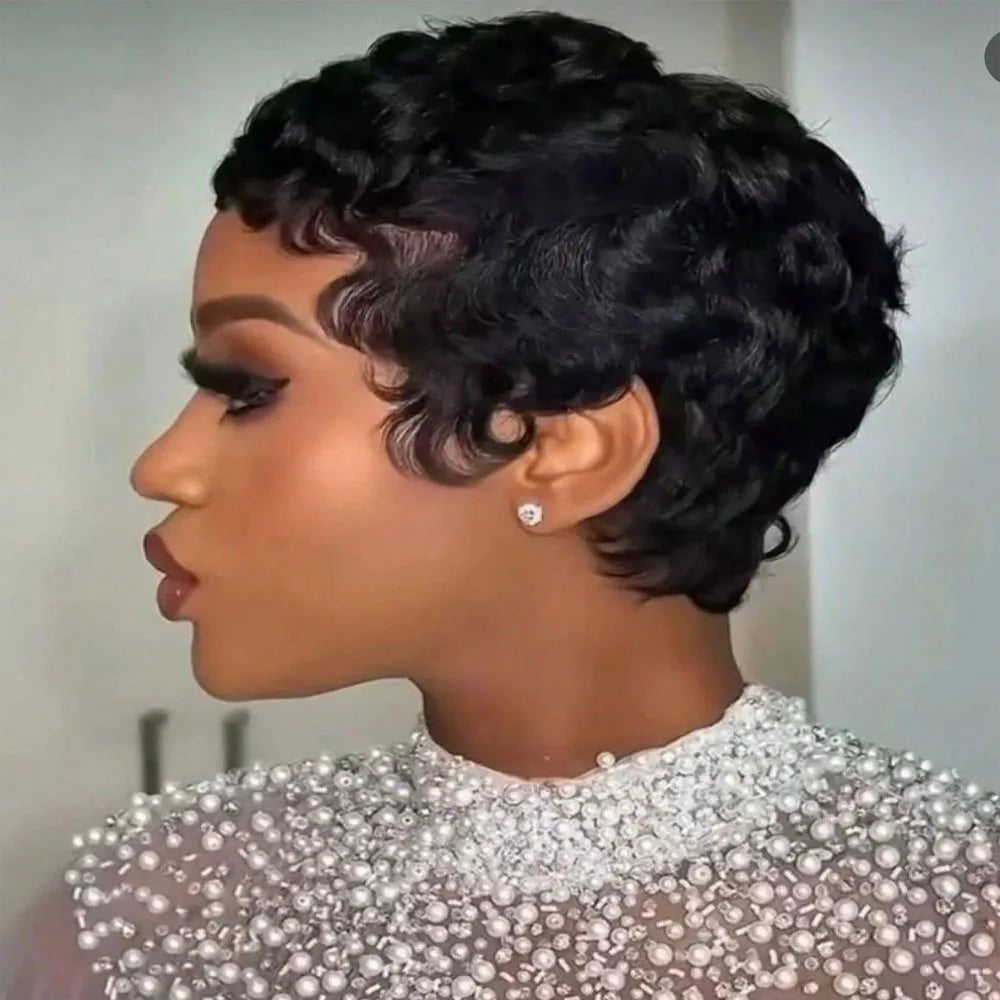 Short Pixie Cut Curly Wave Human Hair Wig, 6 Inch, 250% Density Glueless