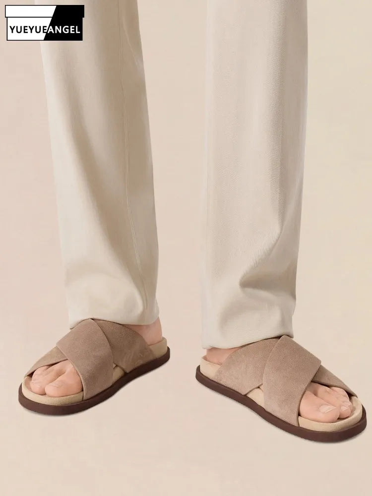 Men's Genuine Suede Leather Cross-Strap Platform Slippers
