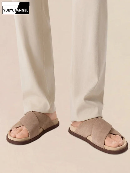 Men's Genuine Suede Leather Cross-Strap Platform Slippers